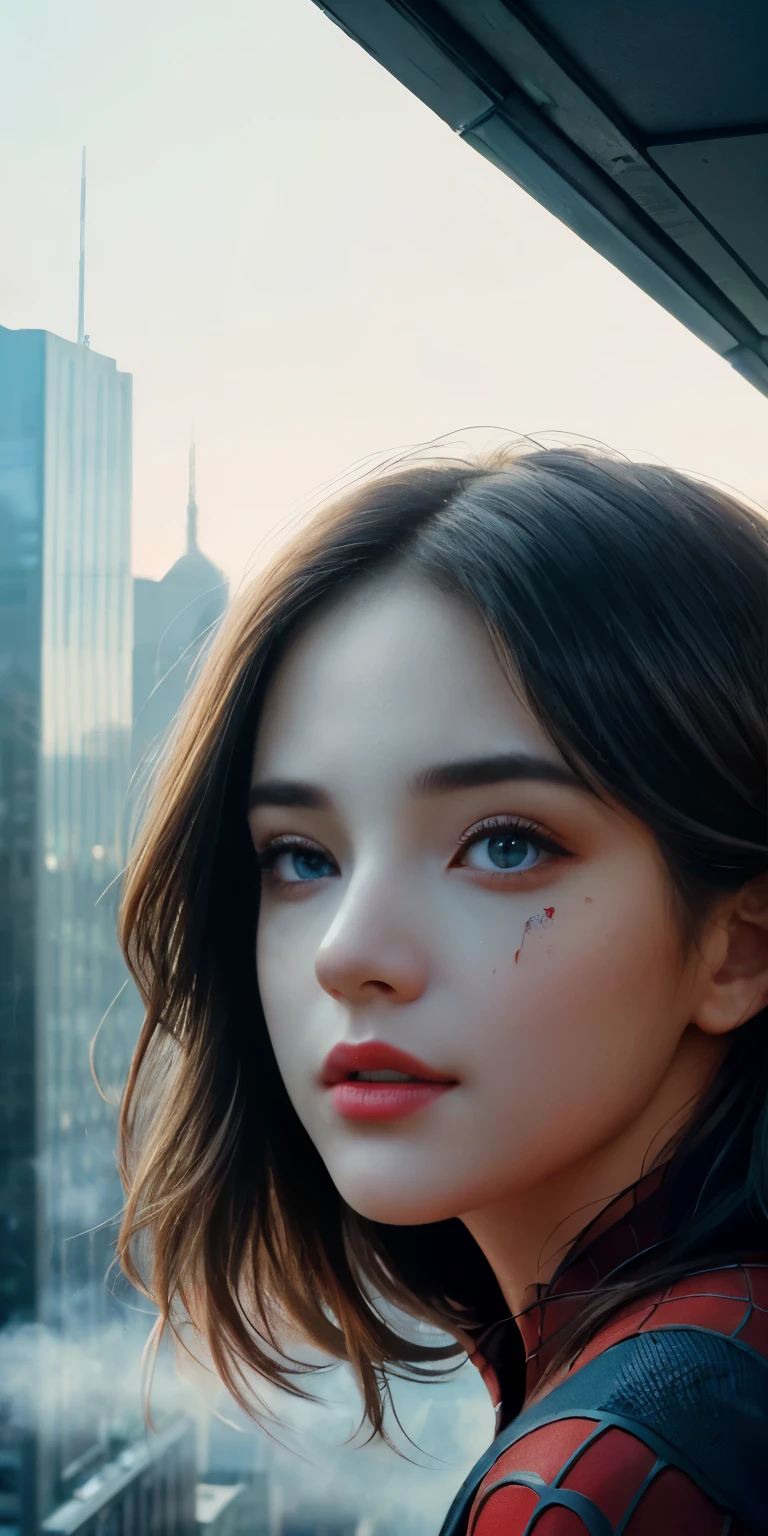 (1girl:1.3), Solo, (((Very detailed face)))), ((Very detailed eyes and face)))), Beautiful detail eyes, Body parts__, Official art, Unified 8k wallpaper, Super detailed, beautiful and beautiful, beautiful, masterpiece, best quality, original, masterpiece, super fine photo, best quality, super high resolution, realistic realism, sunlight, full body portrait, amazing beauty, dynamic pose, delicate face, vibrant eyes, (from the front), She wears Spider-Man suit, red and black color scheme, spider, very detailed city roof background, rooftop, overlooking the city, detailed face, detailed complex busy background, messy, gorgeous, milky white, highly detailed skin, realistic skin details, visible pores, clear focus, volumetric fog, 8k uhd, DSLR, high quality, film grain, fair skin, photo realism, lomography, futuristic dystopian megalopolis, translucent