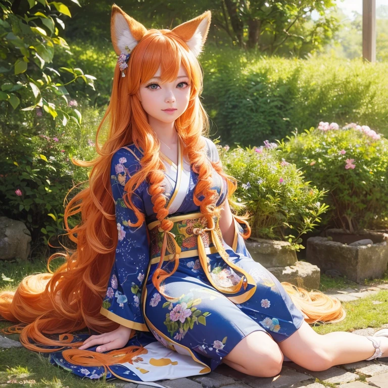 (best quality,4k,8k,highres,masterpiece:1.2),ultra-detailed,(realistic,photorealistic,photo-realistic:1.37),cute,solo girl with orange long wavy hair,blue eyes,fox ears,fluffy fox tail,wearing traditional Japanese clothing, summer time in Japan,beautiful garden scenery,lush greenery,colorful
