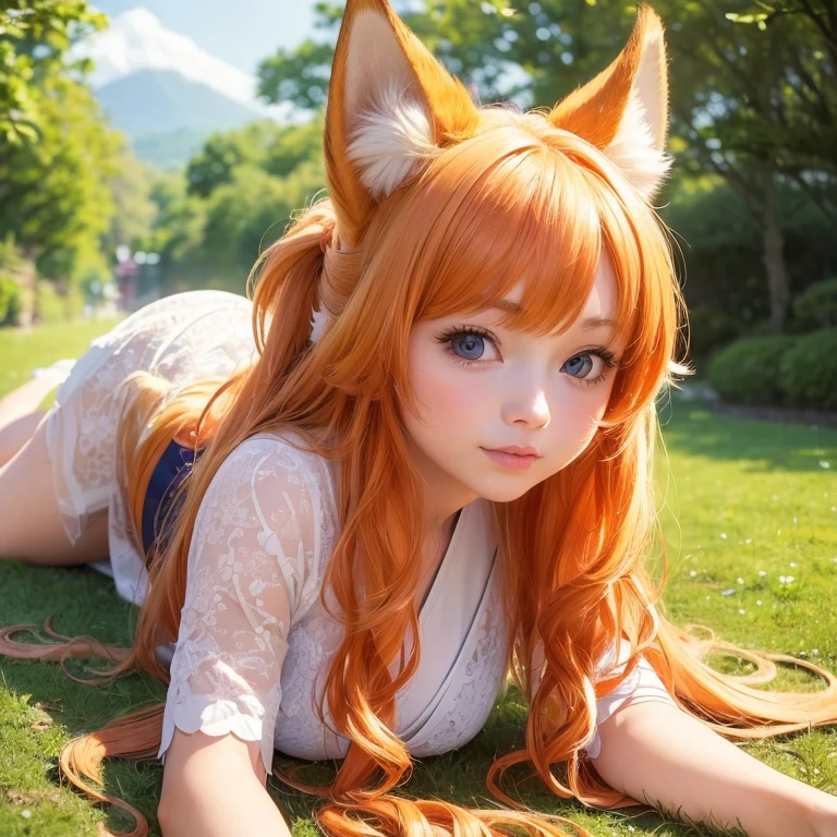 (best quality,4k,8k,highres,masterpiece:1.2),ultra-detailed,(realistic,photorealistic,photo-realistic:1.37),cute,solo girl with orange long wavy hair,blue eyes,fox ears,fluffy fox tail,wearing traditional Japanese  clothing, summer time in Japan,beautiful garden scenery,lush greenery,colorful