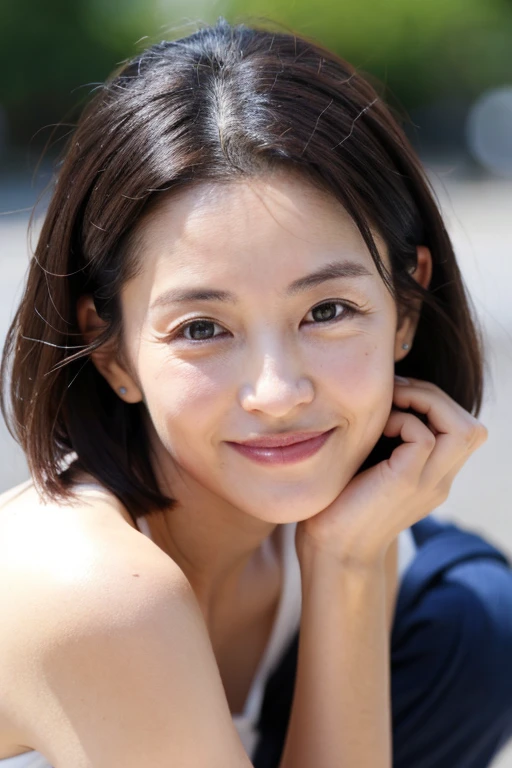 Beautiful woman,40 years old,Short Bob,smile,Forehead Baring,No sleeve