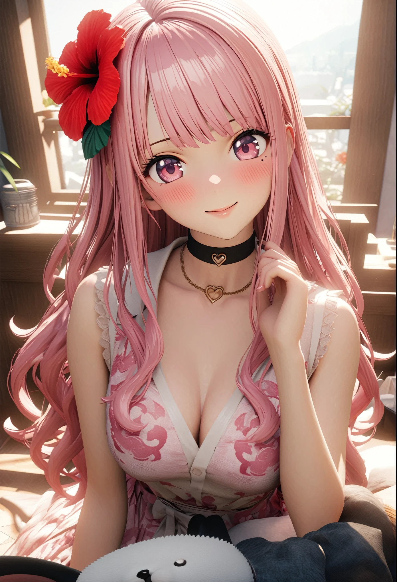 masterpiece, highest quality, Very detailed, High resolution, An expensive solution, High resolution, 4K, 8k, unity 8k wallpaper, Very detailed CG, masterpiece, 2D, 3D, Beautiful details, depth, Fine texture, highest quality: 1.3, Total concentration, Crisp skin, he, Very cute anime rabbit, A cute rabbit like an idol, expensive pink long hair, One Girl, Aloha One Piece, morning, morning食, Hibiscus Hair Accessories, Smiling long pink hair, whole body, Mole under the eye, Line Sight, expensive, blush, Lips parted, heart, Pink Eyes, choker