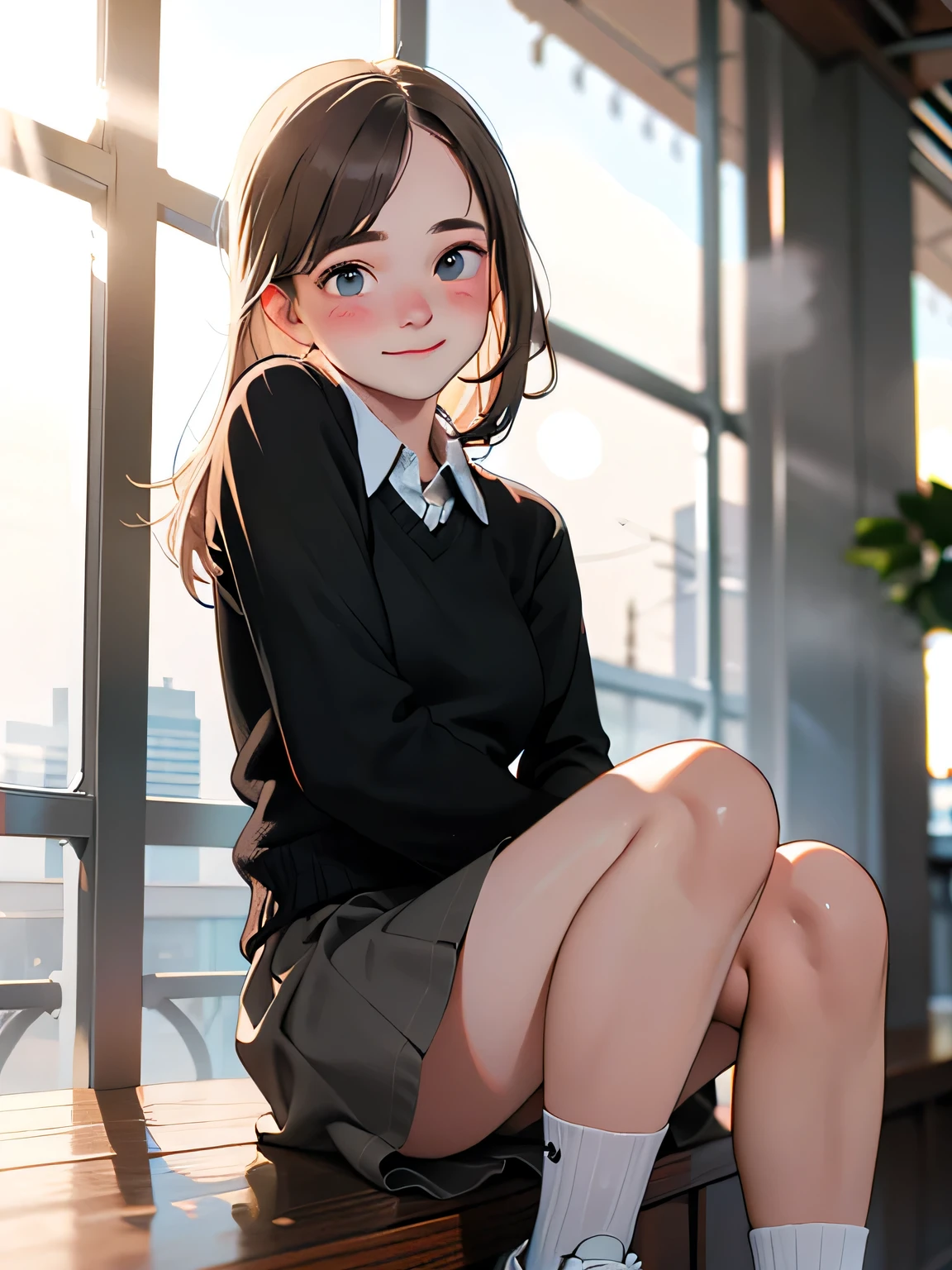 A swedish, American, german, young woman, 20yo, downtown, in large metropolis, collared shirt, sweater, pleated skirt, chuck taylor shoes, smirk ((heavy gaussian blur)), ((soft lighting)), (((extremely hazy:1.2))),, (extremely bright), (dreamy atmosphere), bright vivid colors, (blushing:1.2)