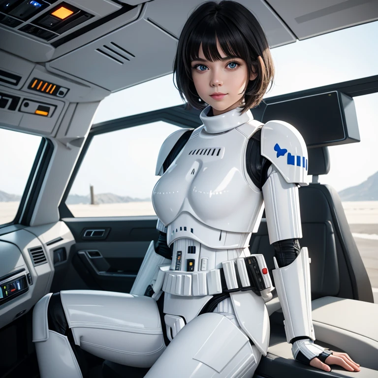 lora:StormTrooper:1> StormTrooper, armor, inside the spaceship, absurdres, ultra detailed, masterpiece, best quality, aesthetic, detailed, solo, soft smile, light smile, 1girl, blue eyes, short hair, black hair, bangs, medium breasts,
