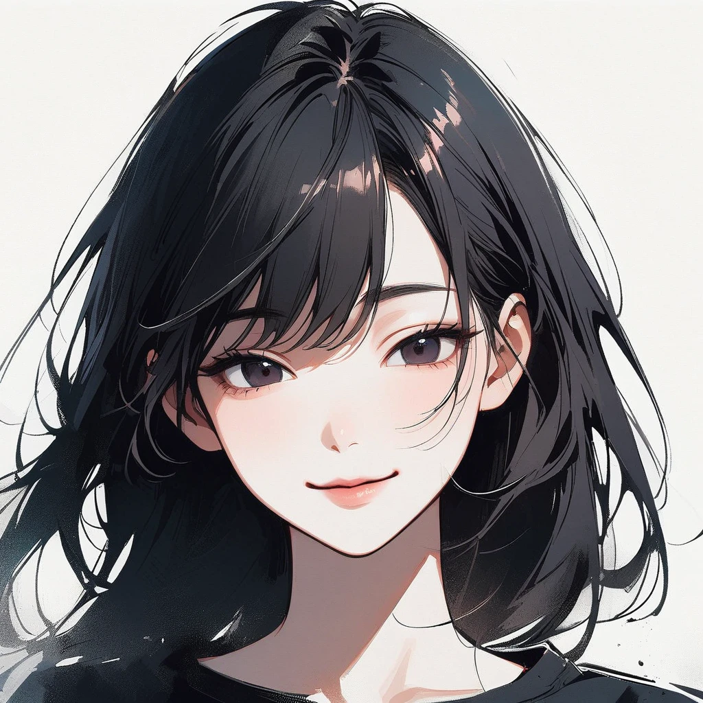 Pigtails, slender, pale, Pure, simple, White background, close-up of the face, black hair, black eyes, Straight hair, Asian eyes, Slanted eyes, Small eyes, Narrow eyes, Chinese eyes, korean, smiling, wind