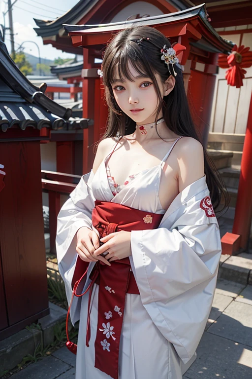 、woman、whole body、Evil Smiley Face, Red eyes, Iris, shrine、Small breasts、Whitl Shrine Maiden、purse、Chest empty