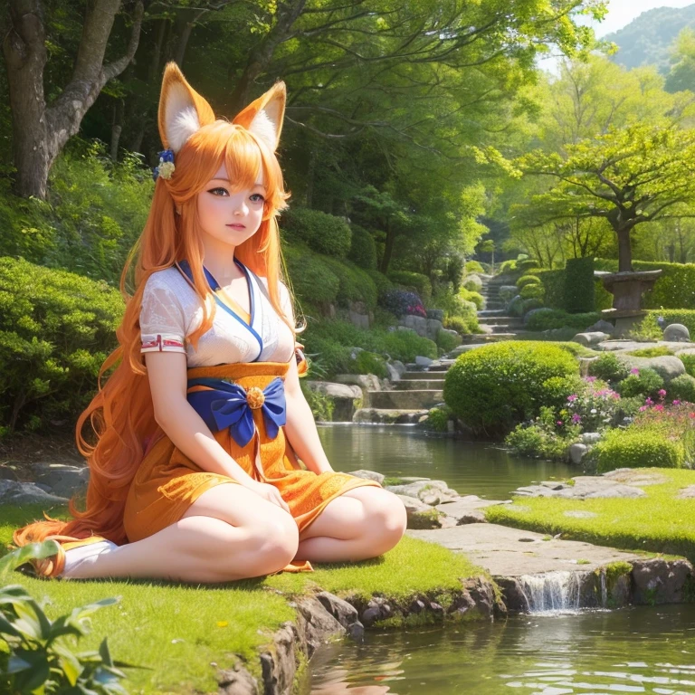 (best quality,4k,8k,highres,masterpiece:1.2),ultra-detailed,(realistic,photorealistic,photo-realistic:1.37),cute,solo girl with orange long wavy hair,blue eyes,fox ears,fluffy fox tail,wearing traditional Japanese clothing, summer time in Japan,beautiful garden scenery,lush greenery,colorful