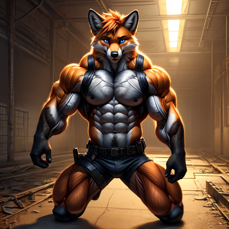 Masterpieces, furry, male, Anthropomorphic, red fox, blue eyes, black mark on muzzle, wiskers, thin body, age 20, Delicate eyes, furred body, at chernobyl, perfect lighting, light particles,(best quality),(masterpiece),(ultra detailed), sharp focus, light particles, detailed barren background, black military short, shirtless , no shirt , fierce look, soldier look, full body, eight pack abs, brown forearms, (detailed muscle:2), orange hair, digitigrade, open black leather jacket, pistol holster, holding a pistol