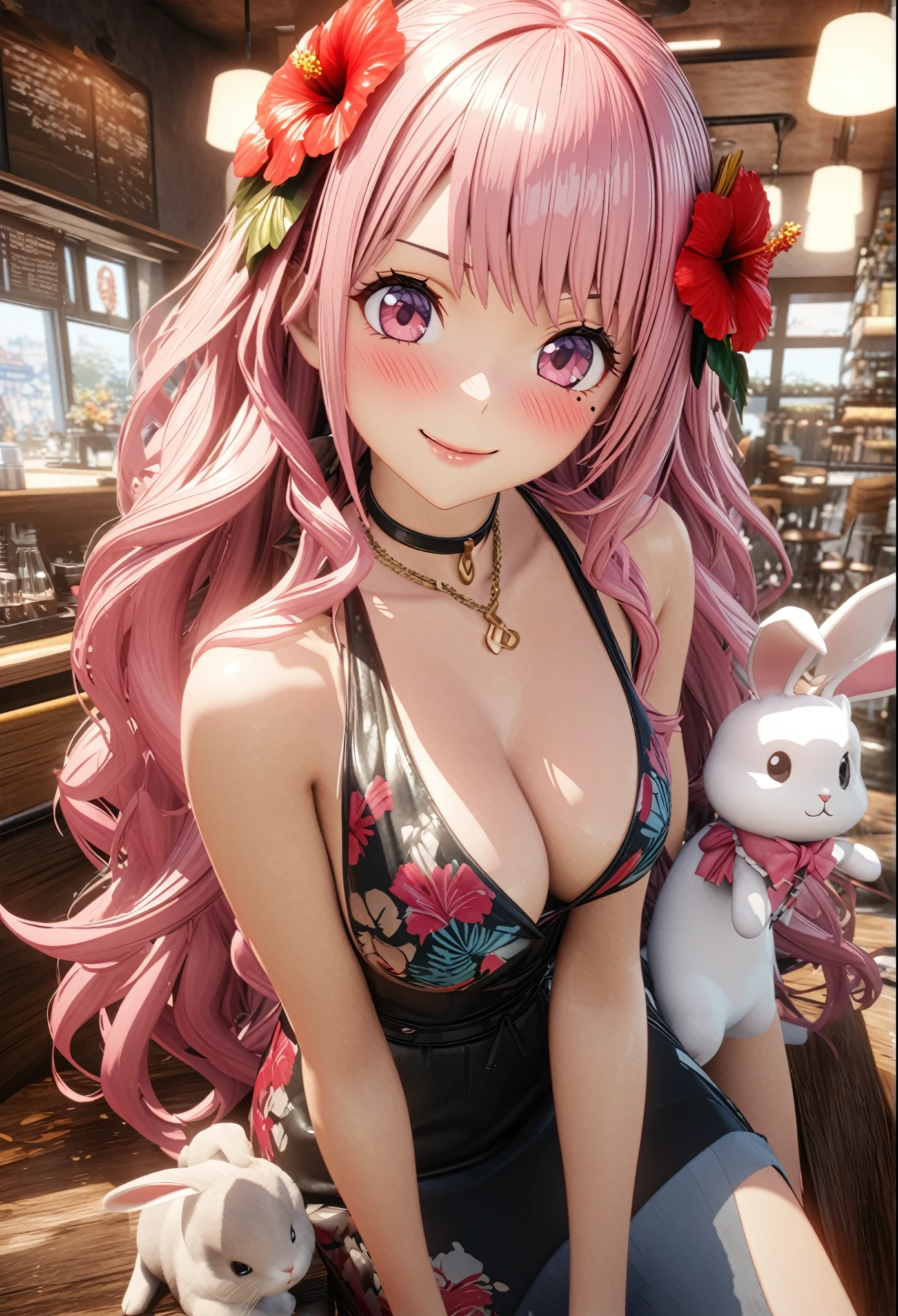 masterpiece, highest quality, Very detailed, High resolution, An expensive solution, High resolution, 4K, 8k, unity 8k wallpaper, Very detailed CG, masterpiece, 2D, 3D, Beautiful details, depth, Fine texture, highest quality: 1.3, Total concentration, Crisp skin, he, Very cute anime rabbit, A cute rabbit like an idol, expensive pink long hair, One Girl, Aloha One Piece, afternoon、coffee、Cafe, hibiscus hair accessory, Smiling long pink hair, whole body, Mole under the eye, Line Sight, expensive, blush, Lips parted, heart, Pink Eyes, choker