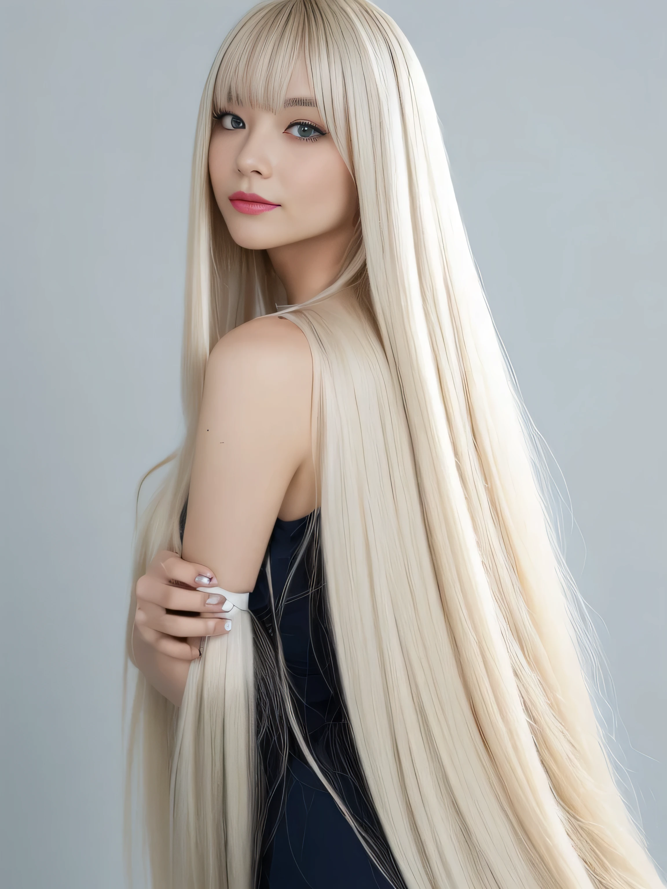 (Pure white wall background:1.8. Upper body photo from the knees up)　((Random poses that show as much back and hair as possible:1.2))　((Long platinum blonde hair beauty model, girl with super length Hair, extremely length Hair, extra length Hair, very long, Flowing Hair, very length Hair, length Hair girl, very long, Flowing platinum blonde hair, length Hair windy, very longプラチナブロンドヘア, length, Flowing Hair, Extremely long and incredibly straight platinum blonde hair, with length Hair, length Hair!!!!　Her highest quality hair is long and 真っ直ぐ　Extremely long and incredibly straight platinum blonde hair , highest quality platinum blonde, length hair in the center, Highest quality long straight, length, straight, beautiful, High quality platinum blonde hair, length and platinum blonde hair highest quality straight, length Hair, length and straight, highest quality platinum blondeヘア, Perfect silky straight of the highest quality, straight, highest quality platinum blondeヘア, length platinum blonde hair　straight, length, Thick platinum blonde hair　Her hair is long and straight, very longプラチナブロンドヘア, length hair in the center, length straight, length, straight, beautiful hair of the highest quality, length Hair, length, Straight platinum blonde hair , length and free straight platinum blonde hair, straight platinum blonde hair))　(Her bangs are perfect.:1.3)　(France&#39;s most beautiful 24-year-old hair model)　　((highest quality)), ((masterpiece)), (Familiar)　(Get used to it)　Perfect Face　(Her skin is a typical France skin color.、And very detailed)　　(Big Breasts)　(She is wearing a light blue skirt and a white blouse.....)　(She has a beautiful French face and a typical French figure...., Narrow eyes)　(She has perfect beautiful makeup and face　Lipstick is light red　A solid eyeliner)　((Rich 1.4))　(Extremely detailed 8K)　(Ultra-fine skin texture 1.4)　(Actual, Vibrant:1.4), double eyelid　Sharp focus:1.2、Beautiful woman:1.4　Dynamic Lighting　(Genuine RAW photos taken by professional photographers)　(Her long bangs、Well Organized)　Professionally lit from the front　(She has a bright and cheerful face)　