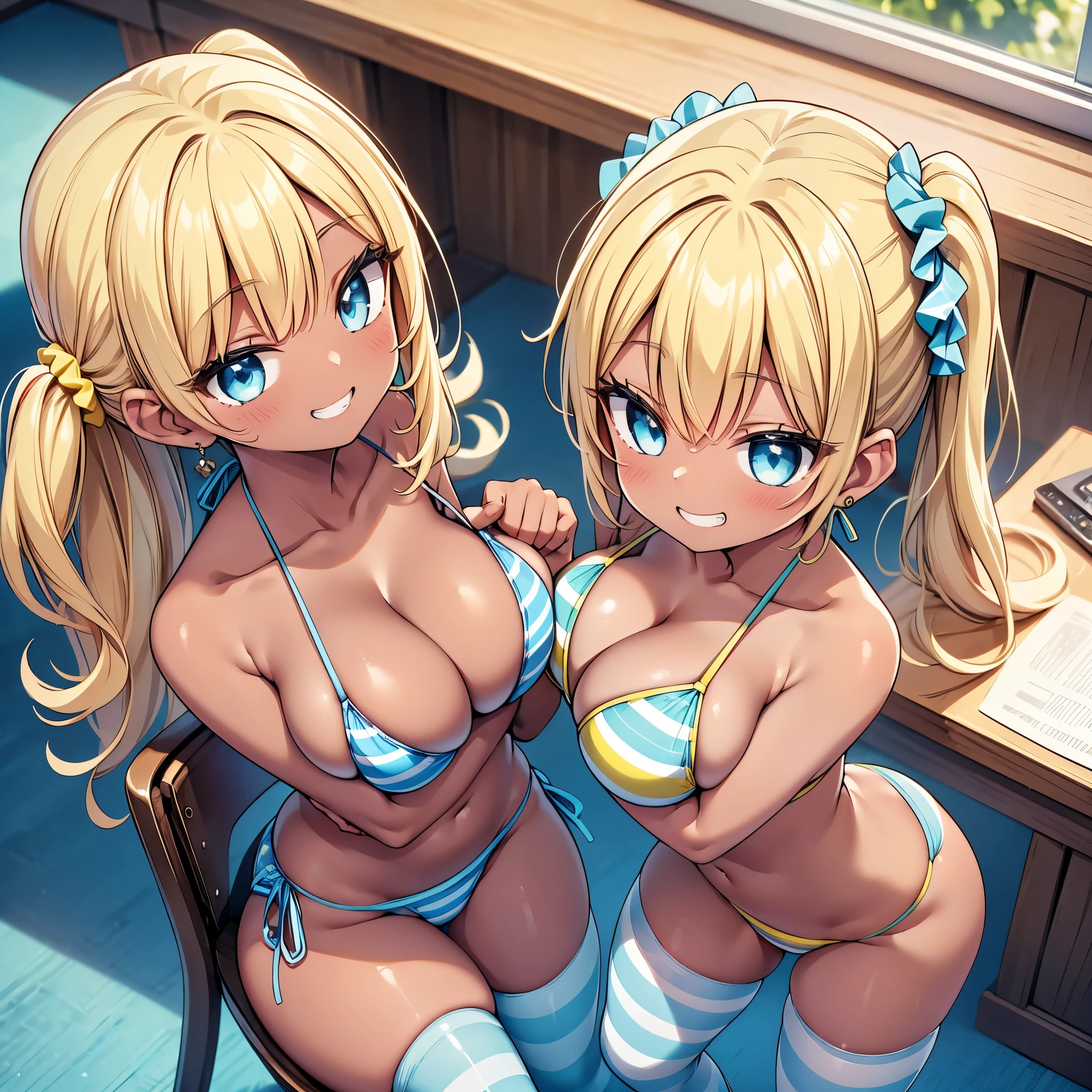 (cute eyes:1.2), (sparkling eyes:1.2), (8K、Best image quality、highest quality、masterpiece)、Detailed face、(2 girls)、Improve、((Brown Skin:1.3))、blonde、Low Ponytail、Scrunchie、Yellow Eyes、Earrings、Wicked Smile、((Grin)), (glamorous:1.1), (huge breasts:), (Light blue striped micro bikini:1.5), leaning forward a chair, whole body, Classroom Background, (black stockings:1.2), (Thighs:1.2), (Waistline),(from above:1.2)