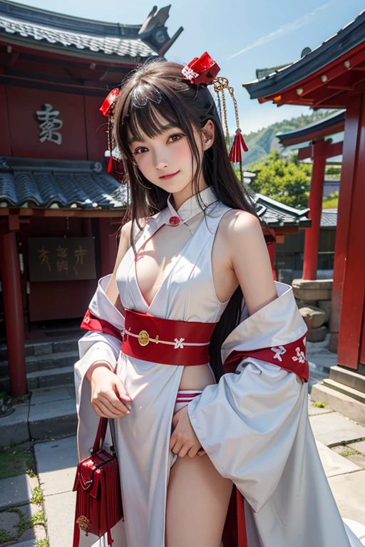 、woman、whole body、Evil Smiley Face, Red eyes, Iris, shrine、Small breasts、White Floral Shrine Maiden、Have a smartphone