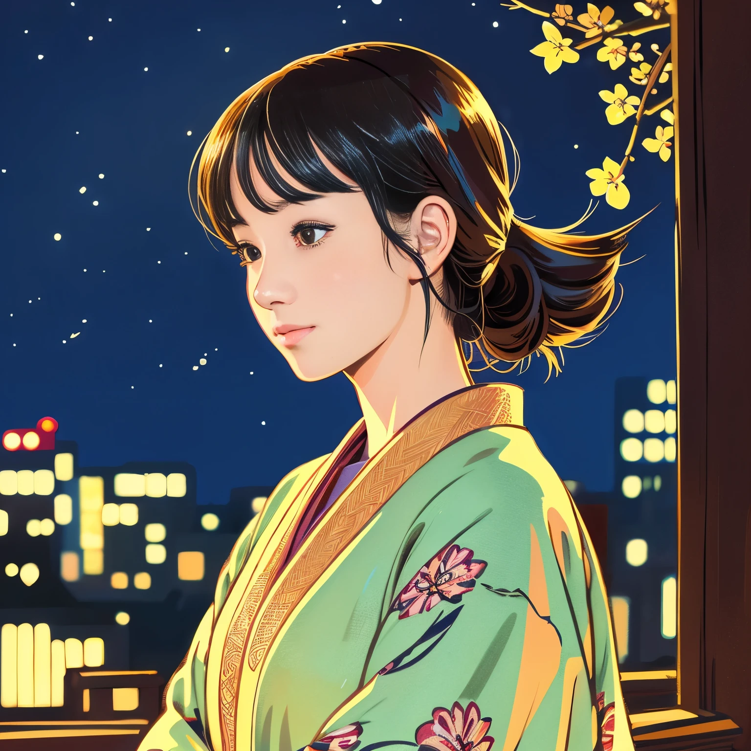 Illustration style、Ukiyo-e、Showa Anime、Woman looking this way、Japanese、May、night、 (highest quality, Ultra-detailed, Portraiture, Natural light)