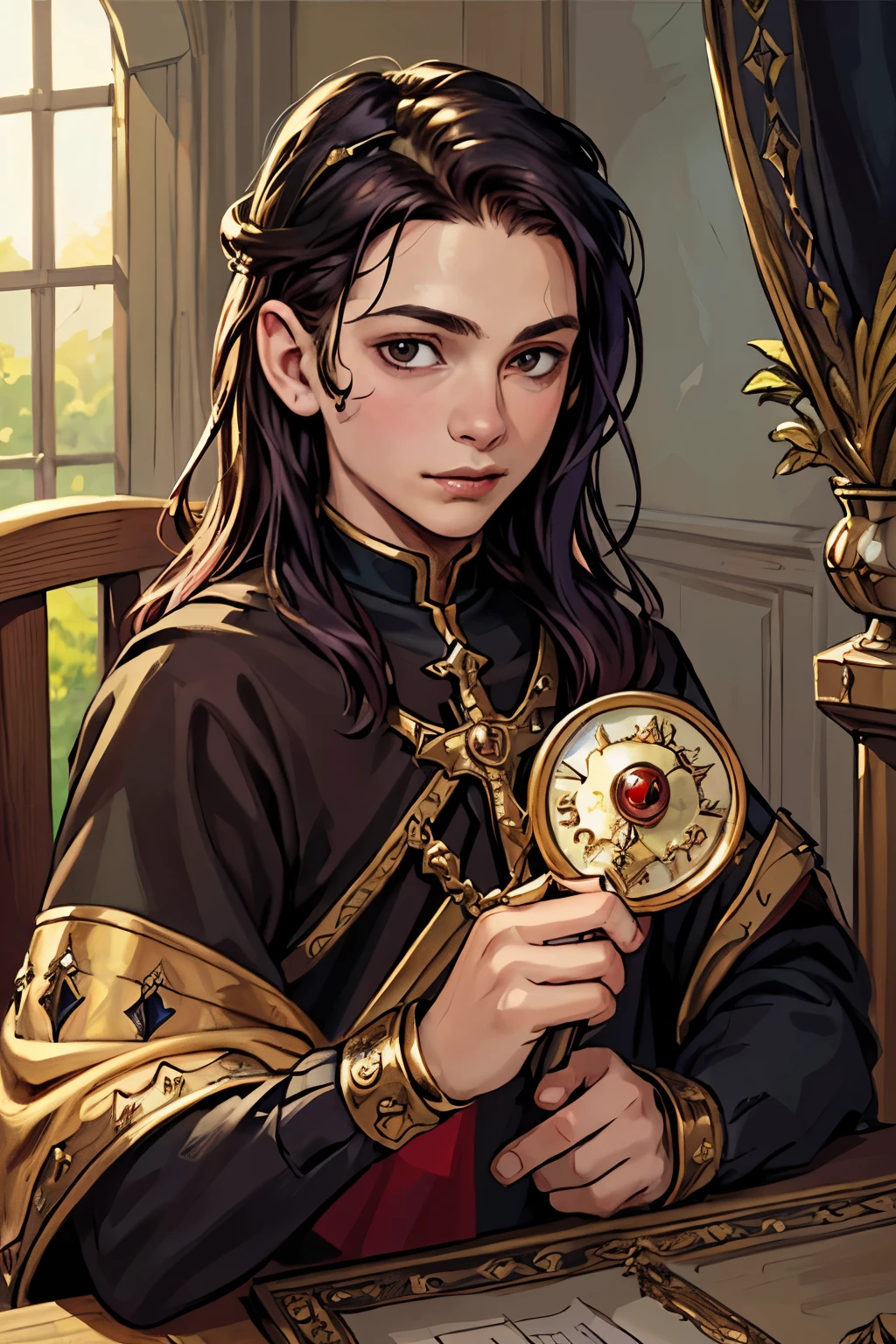 (masterpiece:1.1),(best quality:1.1),extremely detailed,(original design:1.1),(unique accessories:1.1),(medieval fantasy:1.1),professionally retouched,(close-up:1.1),portrait,midday,(male:1.0) ,(holy:1.0),(divine:1.0),(young:1.9), royal children, small ???, 11 years old, red and black clothes