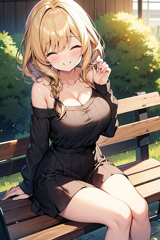Tabletop, highest quality,figure, wallpaper, Super detailed, Absurd beauty、1 beautiful girl、 (Blonde、Medium Hair、Braided hair、Wavy Hair、Ample breasts、Very large breasts、clavicle) , Hair blowing in the wind、Keep your head small、Accentuate your cleavage、Casual clothing、Off the shoulder、White straight neck sweater、Black Skirt、Sit on a bench、Laugh with your eyes closed、smile、Shyness
