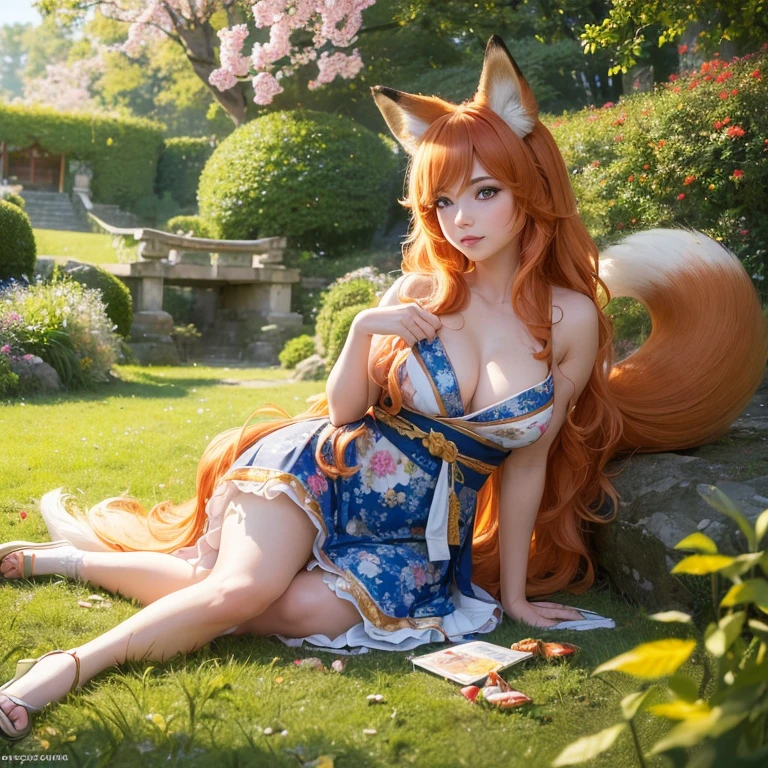 (best quality,4k,8k,highres,masterpiece:1.2),ultra-detailed,(realistic,photorealistic,photo-realistic:1.37),cute,solo girl with orange long wavy hair,blue eyes,fox ears,fluffy fox tail,wearing traditional Japanese  clothing, summer time in Japan,beautiful garden scenery,lush greenery,colorful