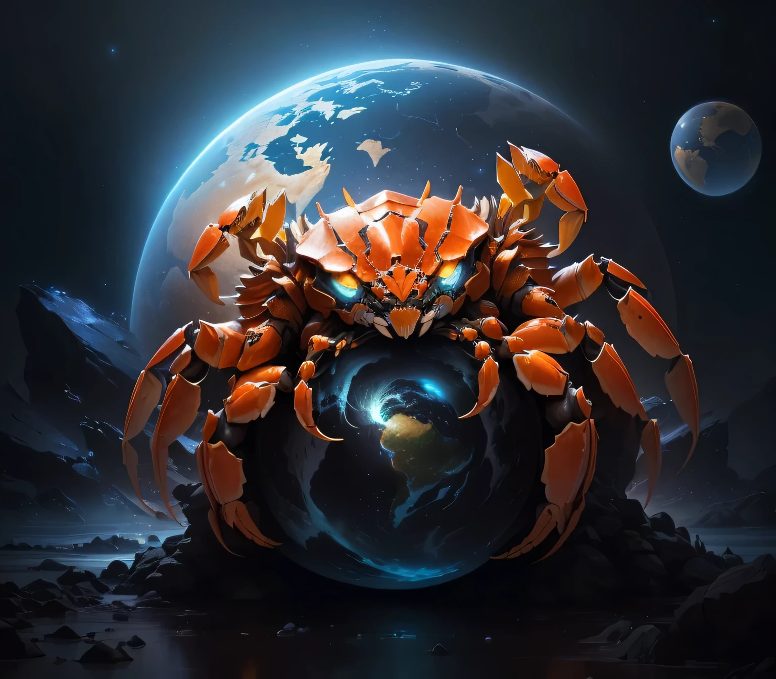 there is a ปู that is sitting on top of a globe, giant crab, crab monster, hermit crab titan, crab core, anthropomorphic crab, head crab, tiger - ปู creature, huge crab, gold and red crabs, crabs, Sylvain Sarrehl and Igor Morsky, Shellfish, elephant - ปู creature, The Fourth Battle of StarCraft 2, The background is the sea with starlight.