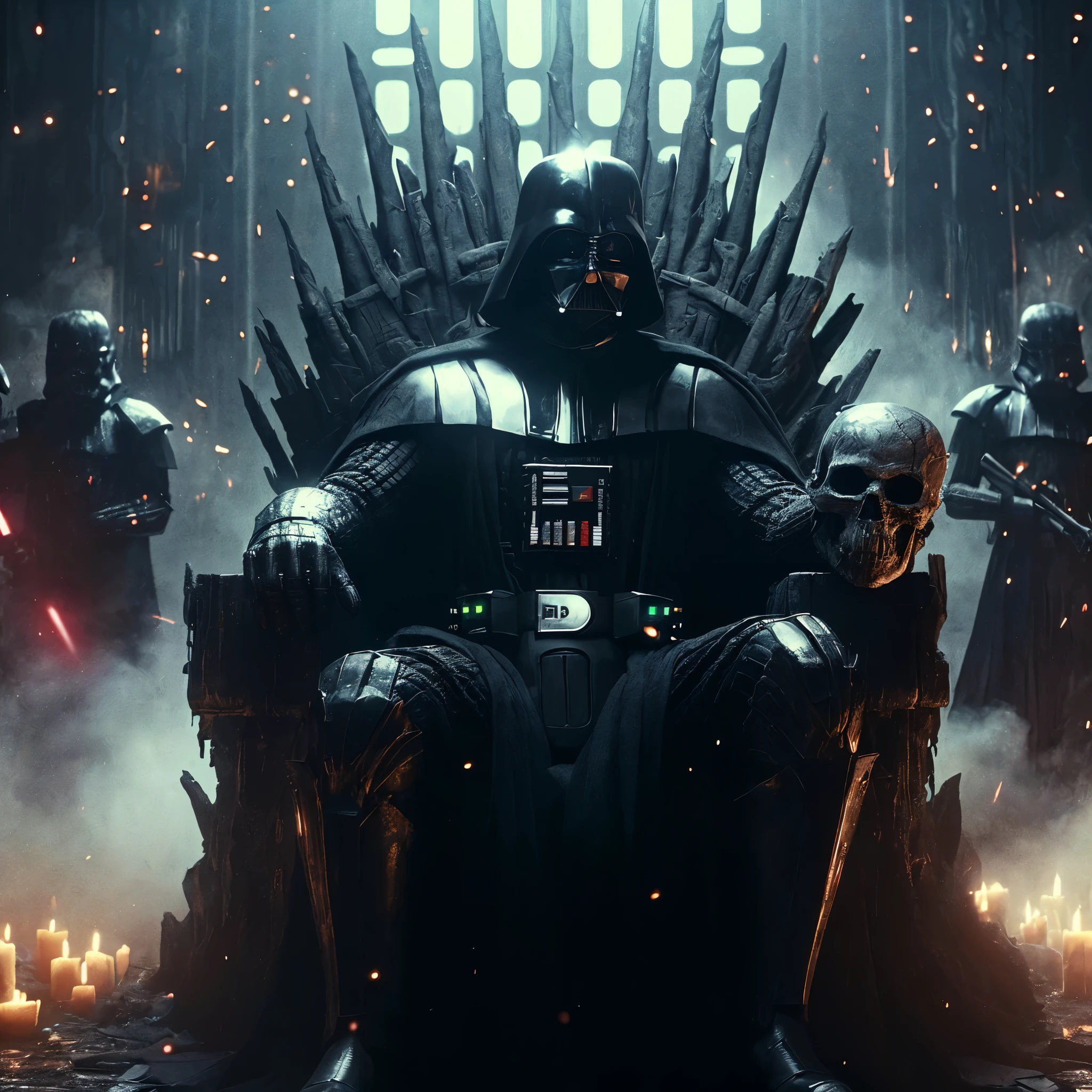 (very sharp result, full body desaturated photo) (((textile shading))), (((Best Quality))), (((masterpiece))), (((hyper realistic photo))), backlight shade, tight close up evil sinister sith dark lord, battle damage Darth vader, followed by his evil sith acolytes in shade cinematic battle pose, sitting on the throne that made from skulls, he is holding one skull ((iconic pose)), in ruined castle full of sparks hi-tech space facility, horror feel mood gritty atmosphere,4K