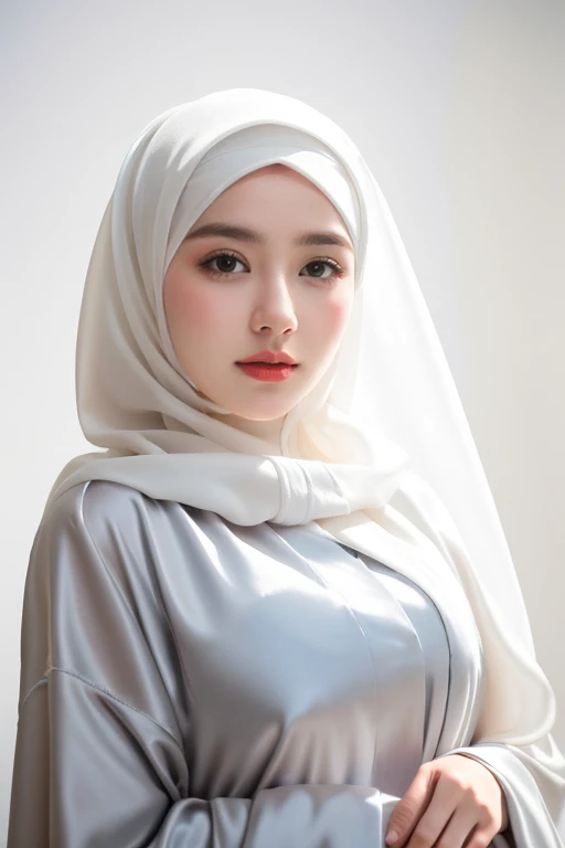 RAW photo of a 24 year old girl wearing hijab, satin abaya white, satin, hijab face portrait, neutral background, 8k uhd, dslr, soft lighting, high quality, film grain, Fujifilm XT3, covered dress, decent dress, big tits :.