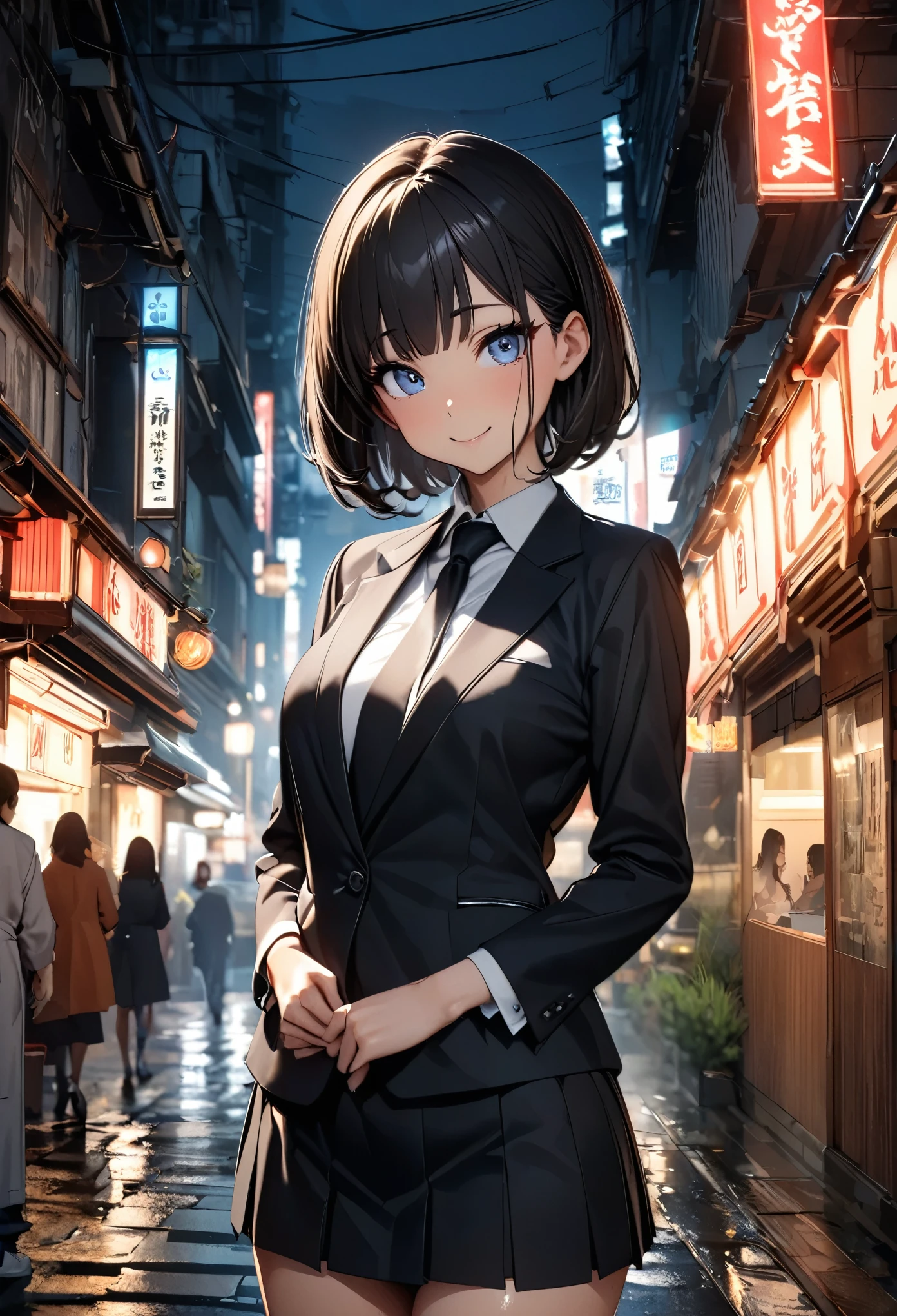 ((high quality, 8k, 4K, High Contrast, masterpiece:1.2, highest quality, Best aesthetics)),1 female,((beautiful and cute woman,beautiful detailed face and eyes,big gorgeous eyes)),The perfect 25 years old, Japanese、Black Hair、Straight hair,short bob hair,bangs,oily skin, gleaming skin,smile,(medium breasts,mature body,small face:1.4,slender body,skinny),Black suit、Black tie、Tight mini skirt、barefoot,Black pumps、standing,on street,Tokyo,at night、(Textures and environments、Professional photos、Perfect lighting).