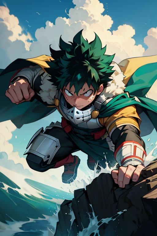 An Izuku Midoriya with All Might&#39;s muscles would be an incredibly powerful and imposing version of the hero. With toned and robust muscles, His strength and endurance would be unmatched.. His All Might-inspired suit would be a perfect combination of style and functionality., with the characteristic design in the shape of "Y" en el pecho y los colores verde, negro y blanco decorando su uniforme. 

The cape billowing behind him would add a touch of majesty to his appearance., making it look even more impressive. Con esta nueva apariencia, Izuku Midoriya would truly be a formidable hero and worthy of admiration.