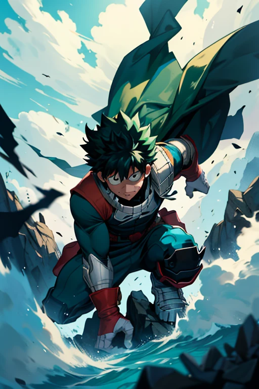 An Izuku Midoriya with All Might's muscles would be an incredibly powerful and imposing version of the hero. With toned and robust muscles, His strength and endurance would be unmatched.. His All Might-inspired suit would be a perfect combination of style and functionality., with the characteristic design in the shape of "Y" en el pecho y los colores verde, negro y blanco decorando su uniforme.
The cape billowing behind him would add a touch of majesty to his appearance., making it look even more impressive. Con esta nueva apariencia, Izuku Midoriya would truly be a formidable hero and worthy of admiration.
