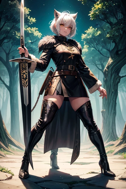Semi human beast woman 30 years old with short white hair, peinado desorenado con orejas de lobo en la cabeza , medieval hunter clothing black yellow eyes holding a sword brown shoes brown leather belt jade ornaments black wolf tail in forest background with magical symbols
