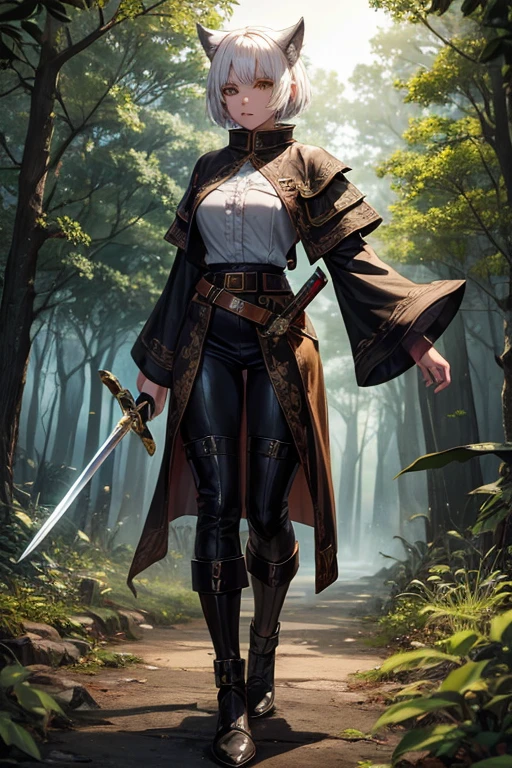 Semi human beast woman 30 years old with short white hair, peinado desorenado con orejas de lobo en la cabeza , medieval hunter clothing black yellow eyes holding a sword brown shoes brown leather belt jade ornaments black wolf tail in forest background with magical symbols