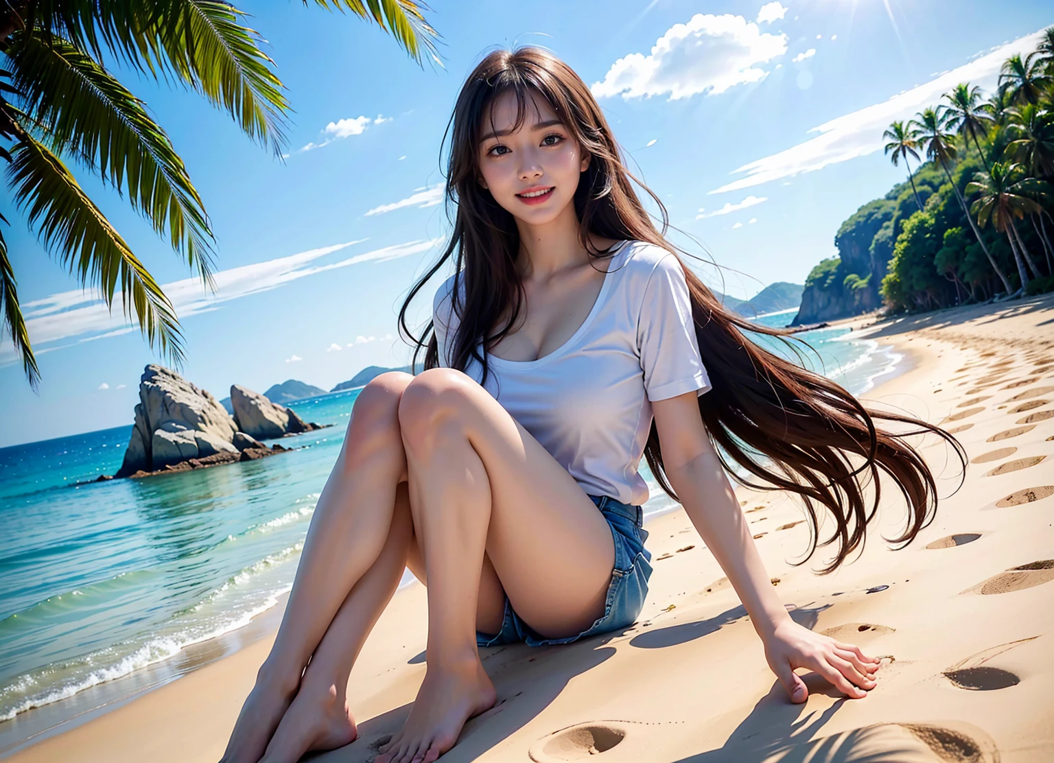 ((highest quality、Tabletop、8k、Best image quality、Extremely intricate and detailed))、(alone:1.1)、(1 photo:1.1)、(Look at me with your best smile:1.2)、(Smile and show me your beautiful teeth:1.2)、(最も自然でwide々it was々美しく完璧なStand on the beach:1.2)、(wide々it was美しい波打ち際に立っている:1.1)、(The perfect and most natural open chest T-shirt:1.2)、(The most natural and perfect shorts:1.2)、Perfect and most natural coordination、Accentuate your body lines、Cleavage、(Big Breasts:1.1)、(Attractive body:1.1)、Hair swaying in the wind、(Beautiful perfect sandy beach:1.1)、(Beautiful sunny sky:1.1)、(Beautiful thunderclouds:1.1)、Beautiful sea、(Beautiful, clear and vibrant sea:1.1)、Complex sea glow、Beautiful seaの詳細が描かれています、(Brightly lit face:1.2)、(美しい skin that shines brightly:1.1)、Ultra-high definition beauty face、Ultra HD Hair、Ultra-high definition beautiful eyes、(Pure white skin shining in ultra-high resolution:1.2)、Super bright and radiant skin、Ultra-high quality glossy lips、(very bright and vivid:1.3)、(Accurate anatomy:1.1)、(Full body photo of a standing woman:1.2)、(Long legs:1.1)、(barefoot:1.1)、(Perfect Legs:1.1)、Sculpture Pose、(Stand on the beach:1.3)、(Perfect full body photo:1.1)
