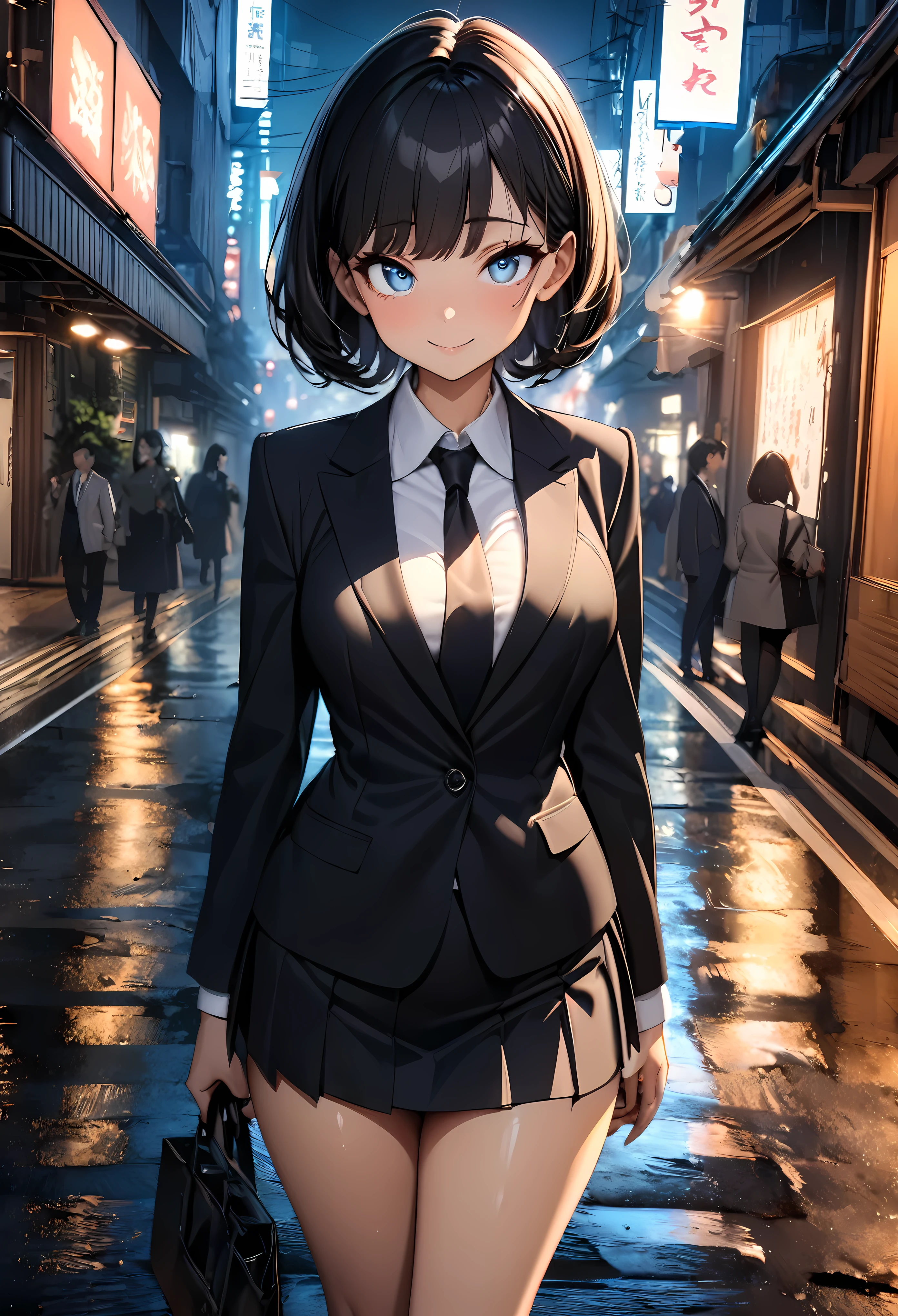((high quality, 8k, 4K, High Contrast, masterpiece:1.2, highest quality, Best aesthetics)),1 female,((beautiful and cute woman,beautiful detailed face and eyes,big gorgeous eyes)),The perfect 25 years old, Japanese、Black Hair、Straight hair,short bob hair,bangs,oily skin, gleaming skin,smile,(medium breasts,mature body,small face:1.4,slender body,skinny),Black suit、Black tie、Tight mini skirt、barefoot,Black pumps、standing,on street,Tokyo,at night、(Textures and environments、Professional photos、Perfect lighting).