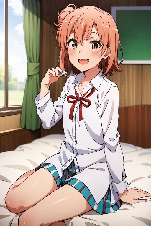 ((highest quality)), ((masterpiece)), (be familiar with), Perfect Face, indoor, Bedroom, Watching the audience,
One woman, Yuigahama Yui,
Open Mouth, Ecstatic expression, blush, smile,
Small breasts, Flat Chest, Young Girl, , , Girl,
Short Hair, Salmon-colored hair, Salmon-colored eyes, Side Pony,
Leg spread,