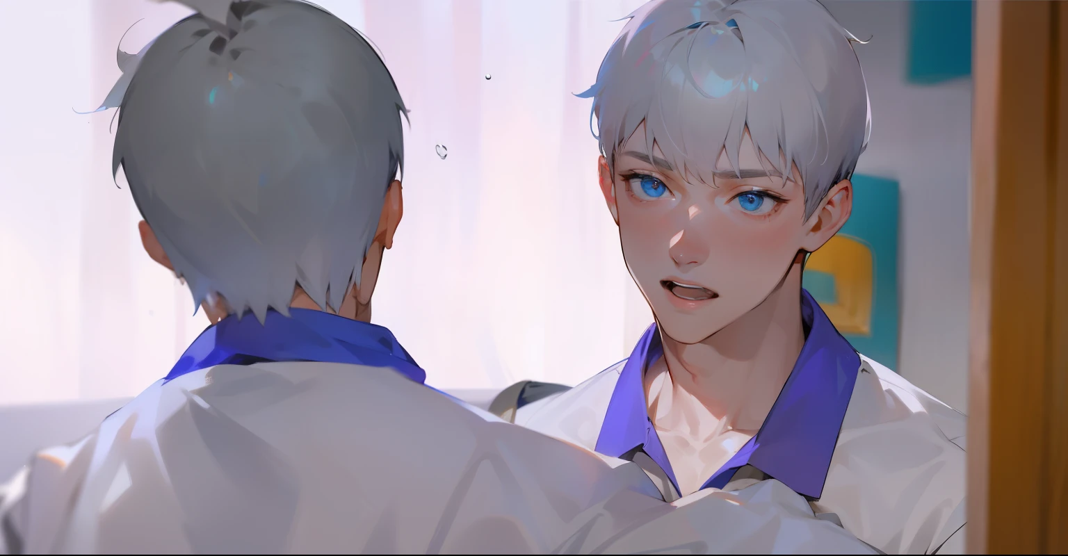 20-year-old man with blue eyes crashes head-on into another boy, their bodies stumble, their shoulders hit