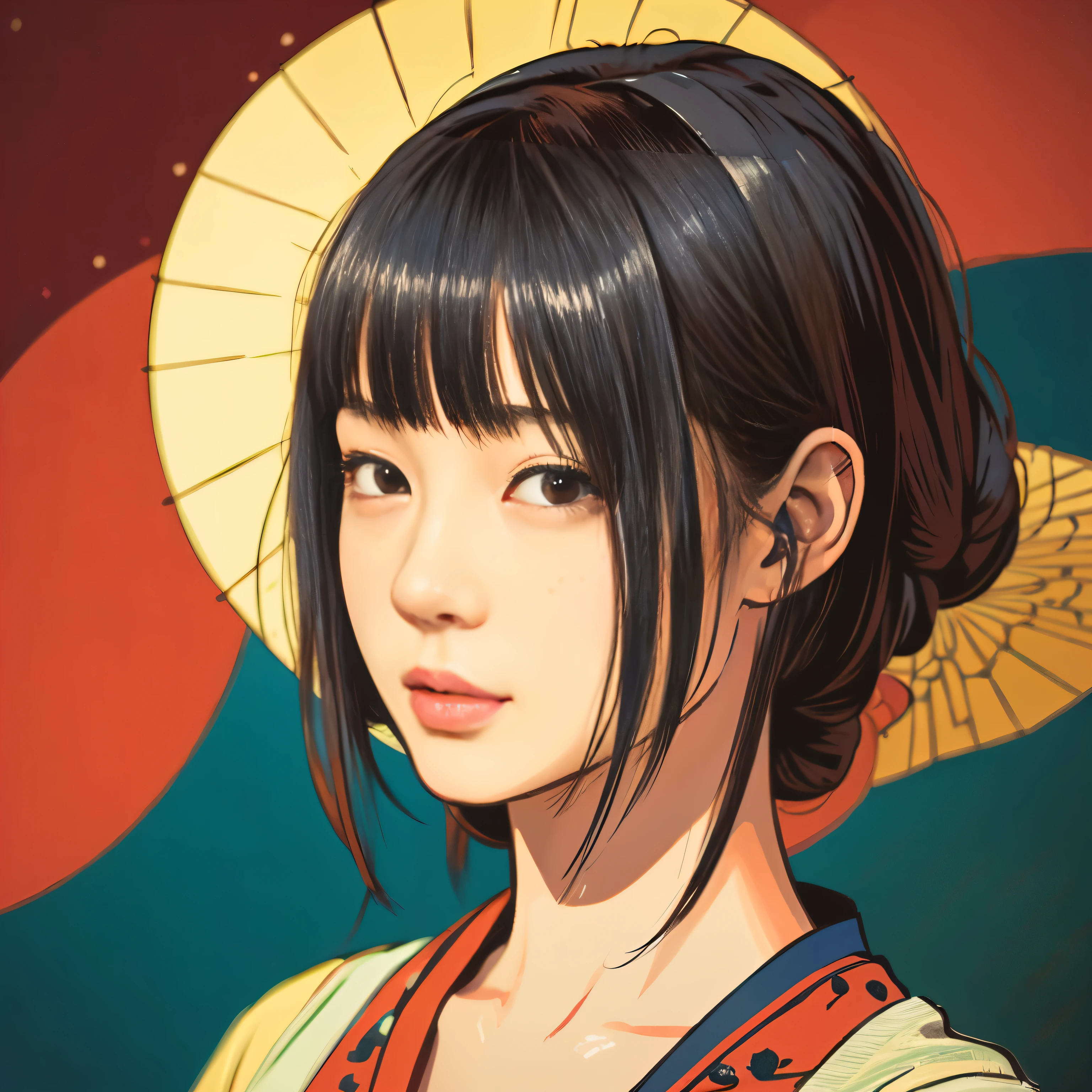 Illustration style、Ukiyo-e、Showa Anime、Woman looking this way、Japanese、May、night、 (highest quality, Ultra-detailed, Portraiture, Natural light)