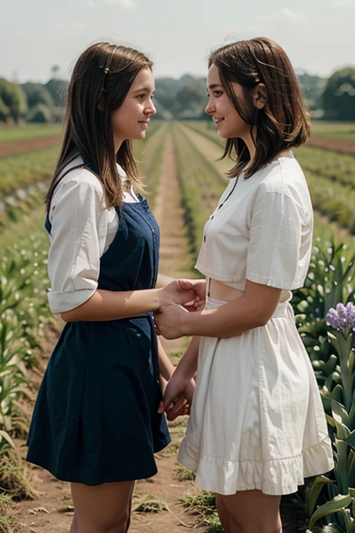 Two girls,hold hand, short hair, long hair, hyacinth field, looking at eachother