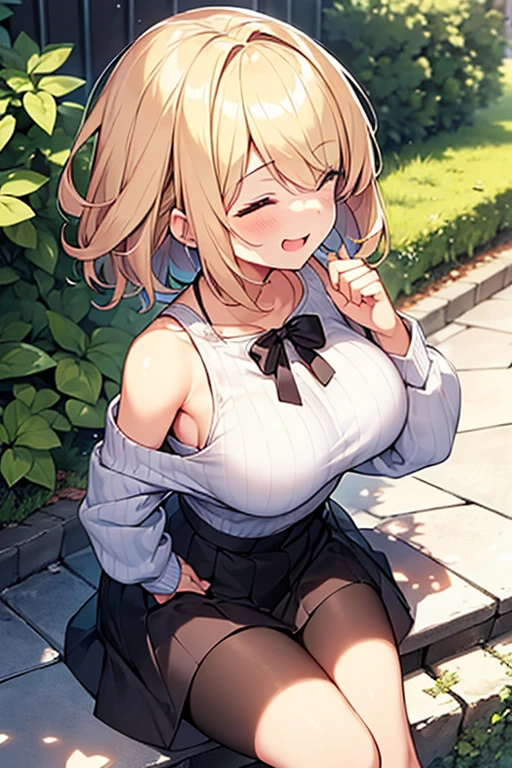 Tabletop, highest quality,figure, wallpaper, Super detailed, Absurd beauty、1 beautiful girl、 (Blonde、short hair、Wavy Hair、Ample breasts、Very large breasts、clavicle) , profile、Hair blowing in the wind、Keep your head small、Casual clothing、Off the shoulder、Knitted sweater、skirt、great outdoors、Laugh with your eyes closed、smile、Shyness