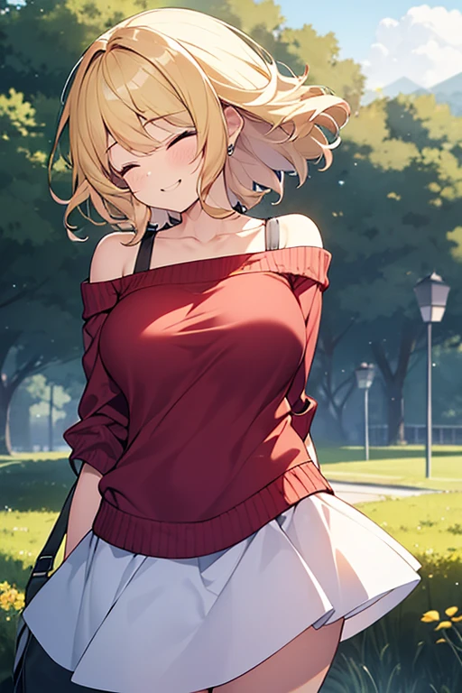 Tabletop, highest quality,figure, wallpaper, Super detailed, Absurd beauty、1 beautiful girl、 (Blonde、short hair、Wavy Hair、Ample breasts、Very large breasts、clavicle) , profile、Hair blowing in the wind、Keep your head small、Casual clothing、Off the shoulder、Knitted sweater、skirt、great outdoors、Laugh with your eyes closed、smile、Shyness
