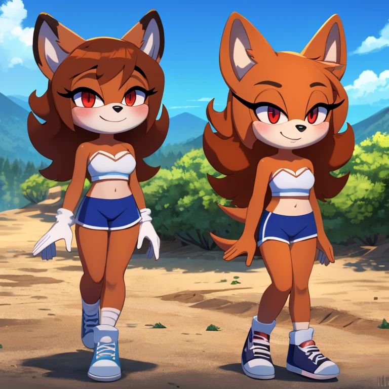 mobian, hedgehog, two-tone fur ((orange fur, brown fur)), pyjama elastic shorts, strapless crop top, cleavage, high-top sneakers, two-tone hair (brown hair, black tip)), curly hair, halo, sunglasses, jewelry, red eyes, longeyelashes, red eyes, smile, shy, blush, high detail, masterpiece, UHD, anatomically correct, super detail, highres, 4K