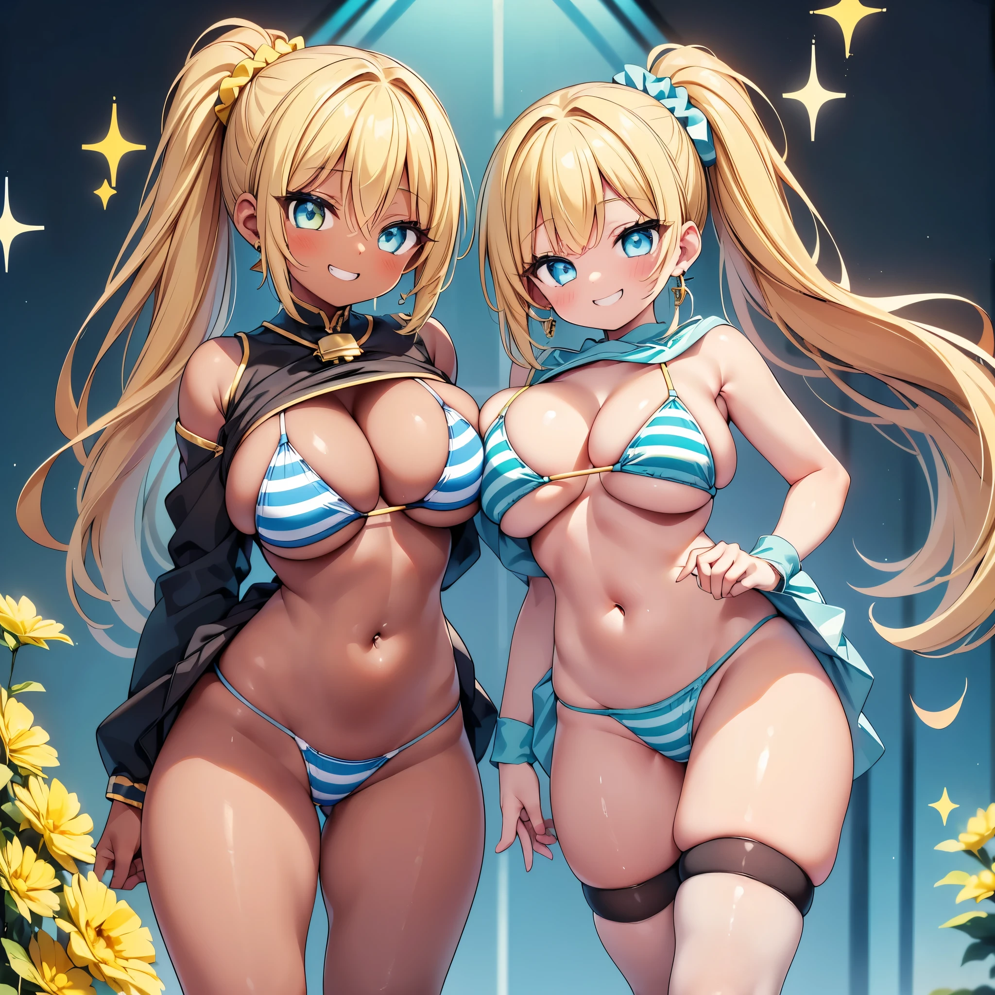 (cute eyes:1.2), (sparkling eyes:1.2), (8K、Best image quality、highest quality、masterpiece)、Detailed face、(2 girls)、Improve、((Brown Skin:1.3))、blonde、Low Ponytail、Scrunchie、Yellow Eyes、Earrings、Wicked Smile、((Grin)), (glamorous:1.1), (huge breasts:), (Light blue striped micro bikini:1.2), (leg lift:1.5), Classroom Background, (black stockings:1.2), (Thighs:1.2), (Waistline)