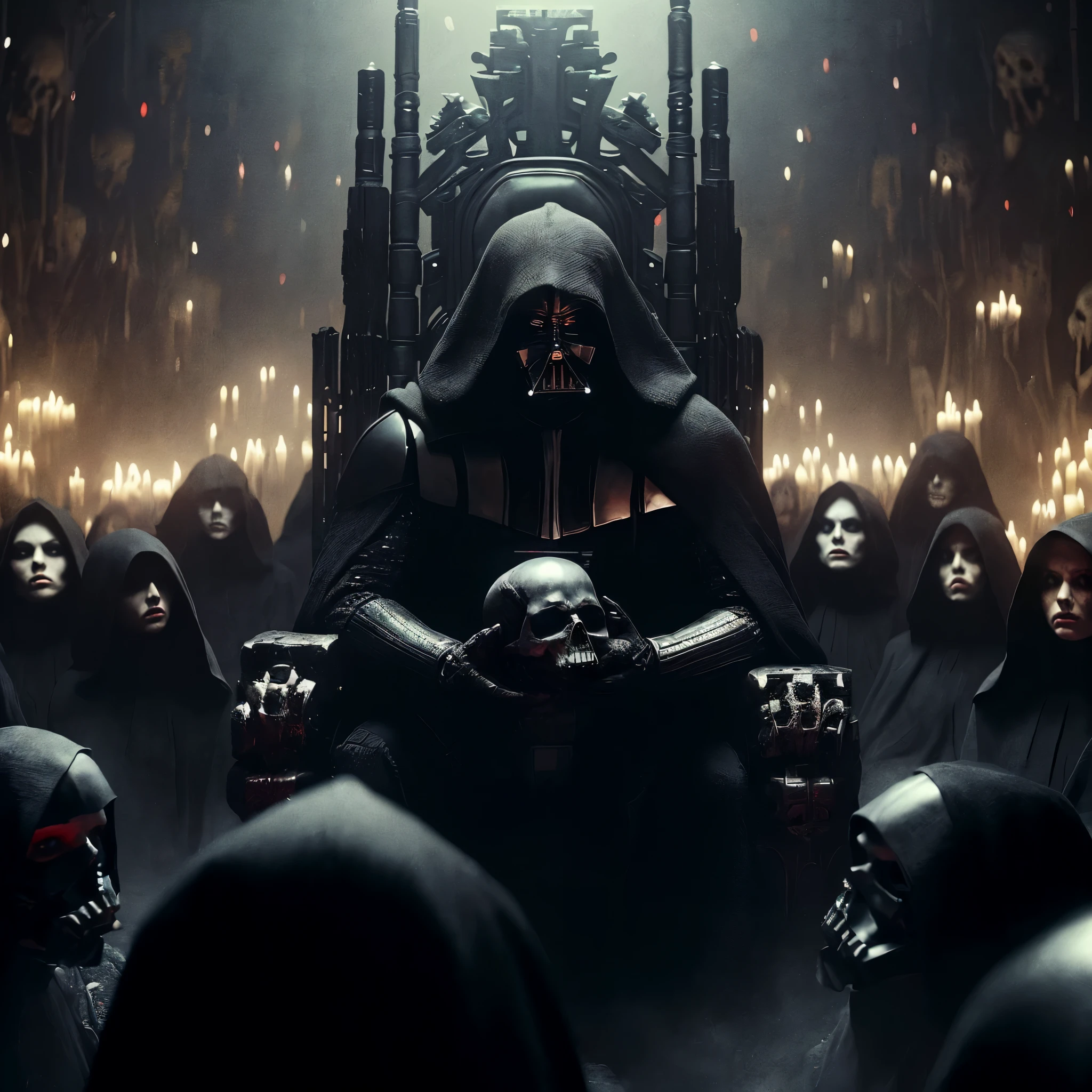 (very sharp result, full body desaturated photo) (((textile shading))), (((Best Quality))), (((masterpiece))), (((hyper realistic photo))), backlight shade, tight close up evil sinister sith dark lord, battle damage Darth vader, surrounded by cult of sith women in black hoodie pale skin, sitting on the throne that made from skulls, he is holding one skull ((iconic pose)), in ruined castle full of sparks hi-tech space facility, horror feel mood gritty atmosphere,4K
