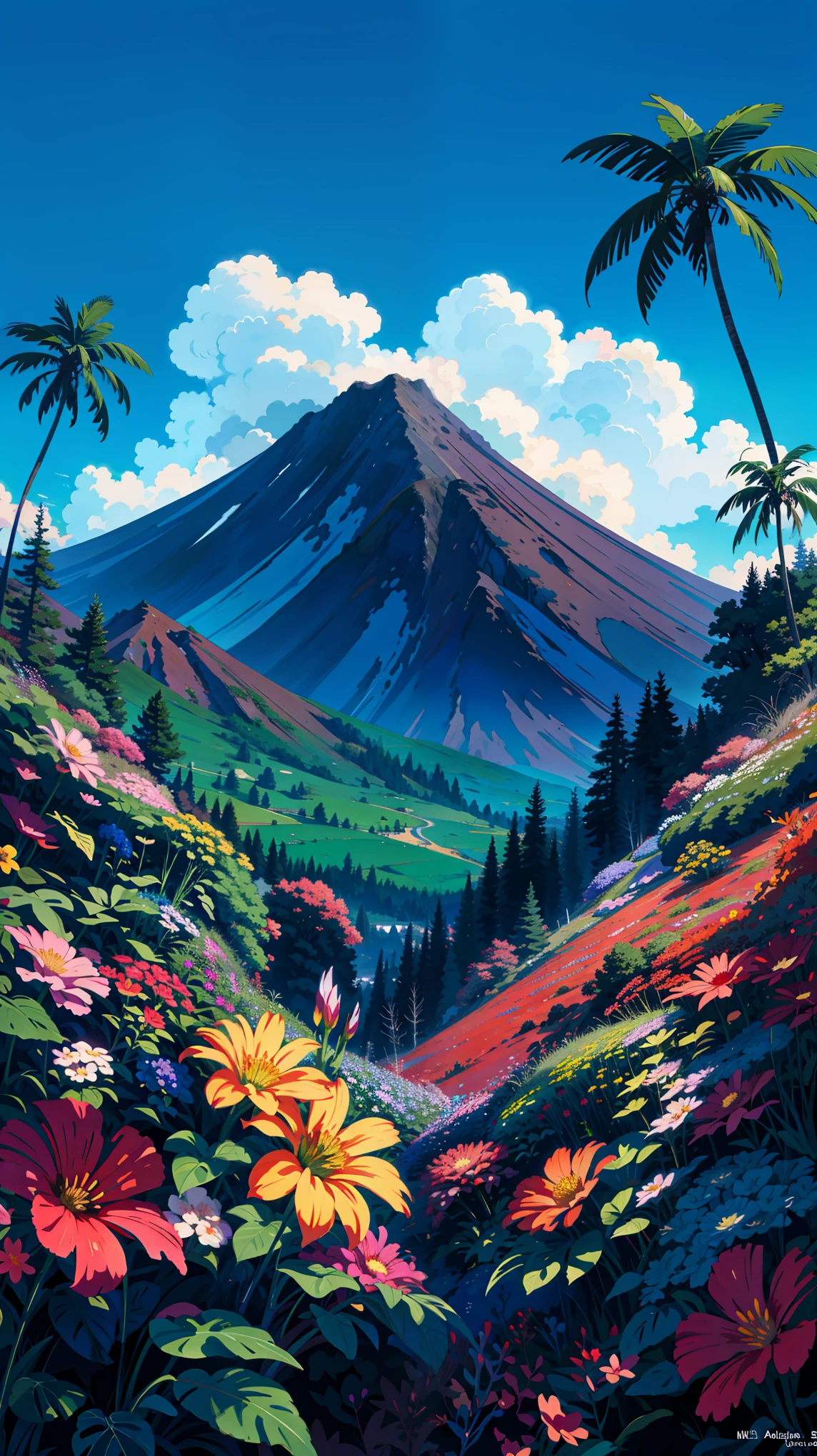 a painting of a volcano surrounded by flowers, multicolored flowers, tropical, forest, greenery, volcano background, blue sky, mythical floral hills, background of flowery hill, volcanic background, volcano background, kilian eng vibrant colours, beatiful mountain background, kilian eng vibrant colors, mountains background, by Juan O'Gorman, flower background, flowery wallpaper, flowers background, floral background, mountainous background, mountain background. by makoto shinkai, ghibli artstyle, 4k professional painting, game, detailed key anime art, illustation, a beautiful artwork illustration, beautiful digital painting, highly detailed digital painting, beautiful digital artwork, detailed painting 4 k, very detailed digital painting, rich picturesque colors, gorgeous digital painting