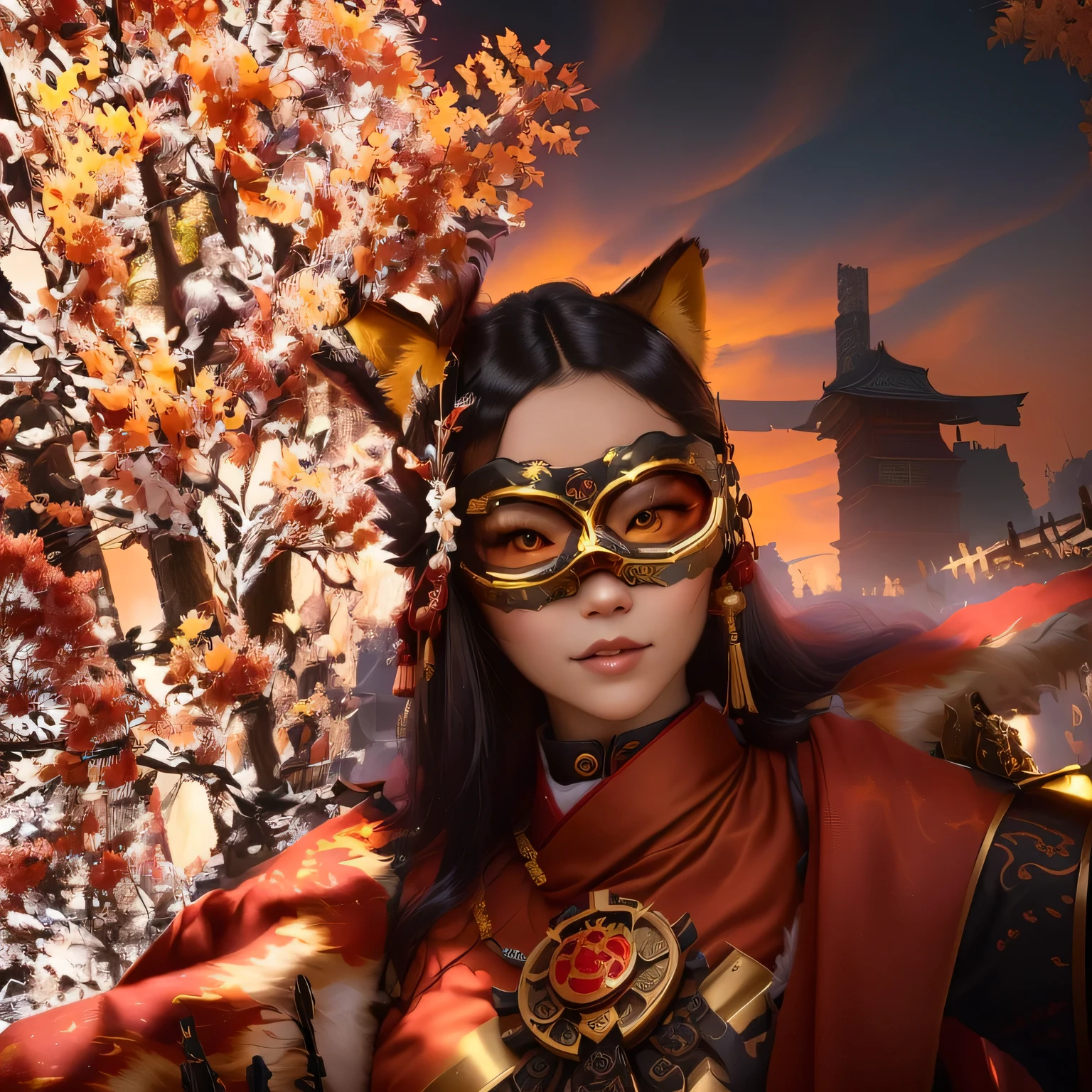 there is a woman wearing a mask and a red cape, with kitsune mask, kitsune inspired armor, inspired by Miao Fu, wearing a kitsune mask, wearing golden cat armor, woman with cat ears, kitsune mask, kitsune mask on head, portrait of a steampunk catgirl, inspired by Li Mei-shu, fox nobushi