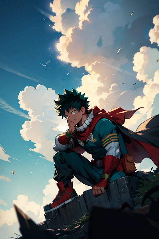 An Izuku Midoriya with All Might&#39;s muscles would be an incredibly powerful and imposing version of the hero. With toned and robust muscles, His strength and endurance would be unmatched.. His All Might-inspired suit would be a perfect combination of style and functionality., with the characteristic design in the shape of "Y" en el pecho y los colores verde, negro y blanco decorando su uniforme. 

The cape billowing behind him would add a touch of majesty to his appearance., making it look even more impressive. Con esta nueva apariencia, Izuku Midoriya would truly be a formidable hero and worthy of admiration.