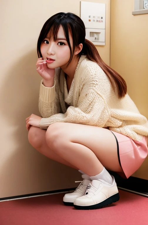 (masterpiece, highest quality:1.2), One girl, one person、High quality and high quality。Beautiful Japanese women。8K resolution images。LoRA imagery dominates。She is a beautiful woman with a youthful face.。All shots are taken so that the whole body is visible, from the face to the shoes.。All of them are facing forward, with knees apart and standing on tiptoes as if squatting.。All of the photos were taken in public toilets and are directed at the camera.。Tongue sticking out from mouth。Have a slim figure with noticeable breast augmentation。Her eyes are large and have double eyelids and droopy eyes.。Her hair is in a smooth ponytail。All students were required to wear thick, long, plain white cardigans and pink dress shirts provided by the school.、Wearing plain white shorts。She wears thick, loose white socks that reach from her knees down to the soles of her feet.。She is wearing thick white knee-high socks that are folded sloppily.。