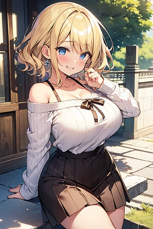 Tabletop, highest quality,figure, wallpaper, Super detailed, Absurd beauty、1 beautiful girl、 (Blonde、short hair、Wavy Hair、Ample breasts、Very large breasts) , profile、Hair blowing in the wind、Keep your head small、Casual clothing、Off the shoulder、Knitted sweater、skirt、great outdoors、smile、Shyness