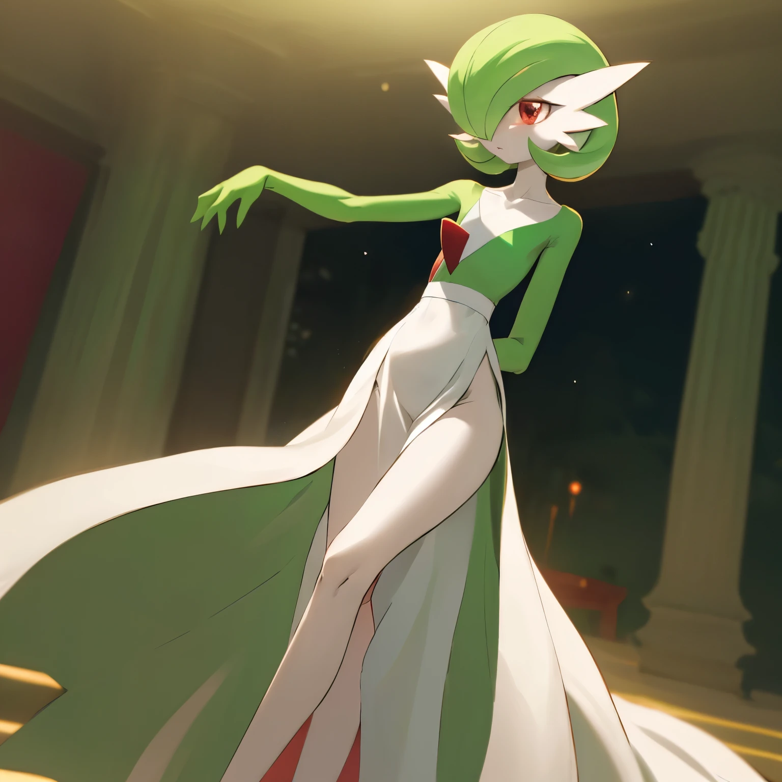 best quality, Gardevoir, pokemon, 1girl, solo, short height, red eyes, green hair, beautiful, small mouth, wink, slim, cute, slender body, looking at viewer, blurry background, outdoors, rocky terrain, casting magic, psychic magic, full body, slim, ((masterpiece)), best quality, 4k, cinematic lighting, ray tracing, reflected light, panorama, flat chest, high detailed illustration, high detailed background, hi-res, white dress, long skirt, long dress, gardevoir dress, covered groin, covered hips, green top, standing, living room, pokemon \(creature\), legs together, slim legs, small feet