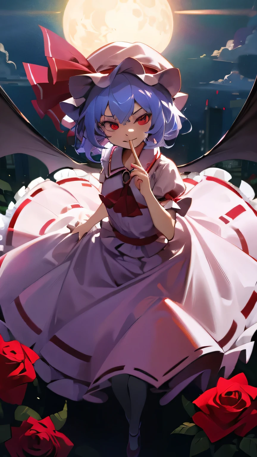 ((masterpiece)), ((highest quality)),One girl, Remilia_scarlet,Laugh gently，I have a rose, short_hair, short_sleeve，　night