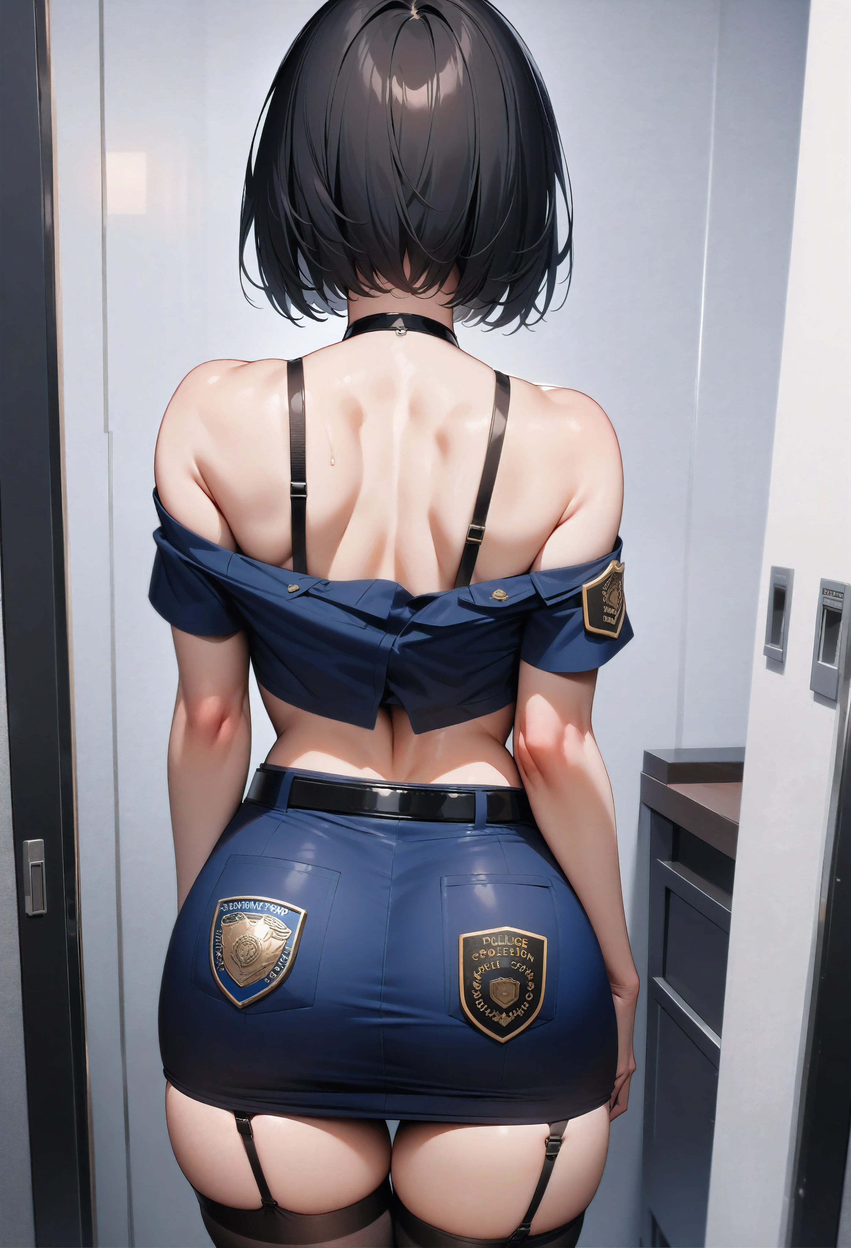 masterpiece, high quality, detailed eyes, 1girl, solo,black medium hair, bobcut, bangs, (large breast1.0), light smile, (muscular:0.5), (police uniform),arm badge, short sleeves, breast pocket, belt, cleavage, Cropped tops, blue short Pencil Skirt, garter strap, black stockings, choker, thigh strap, covered nipple, sexy , black hair ,shirt came off, undone , a police office , indoor , black bra , almost completely undressed, (bare shoulders), Off-shoulder , tight , (from behind:1.8) , (back view:1.2) , (Appearance from behind:1.3)
