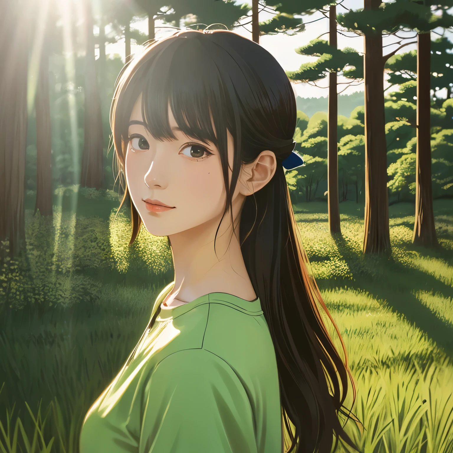 Illustration style、Ukiyo-e、Showa Anime、Woman looking this way、Japanese、The morning sun is shining in the background、Makoto Shinkai style、May、I can see a forest in the distance、 (highest quality, Ultra-detailed, Portraiture, Natural light)