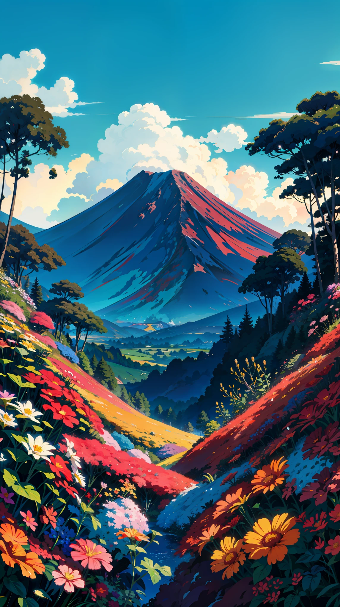 a painting of a volcano surrounded by flowers, multicolored flowers, tropical, forest, greenery, volcano background, blue sky, mythical floral hills, background of flowery hill, volcanic background, volcano background, kilian eng vibrant colours, beatiful mountain background, kilian eng vibrant colors, mountains background, by Juan O'Gorman, flower background, flowery wallpaper, flowers background, floral background, mountainous background, mountain background. by makoto shinkai, ghibli artstyle, 4k professional painting, game, detailed key anime art, illustation, a beautiful artwork illustration, beautiful digital painting, highly detailed digital painting, beautiful digital artwork, detailed painting 4 k, very detailed digital painting, rich picturesque colors, gorgeous digital painting
