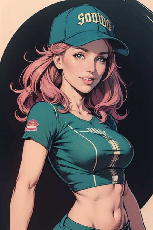 1woman 30year old, smile, solo, mediums breasts, looking at viewer, upper body, :d, arched back, long pink hair, + +, blue eyes, freckles, intricate details, silhouette, loose clothes, navel, baseball cap, crop top, halftone, hatching \(texture\), jaggy lines,
