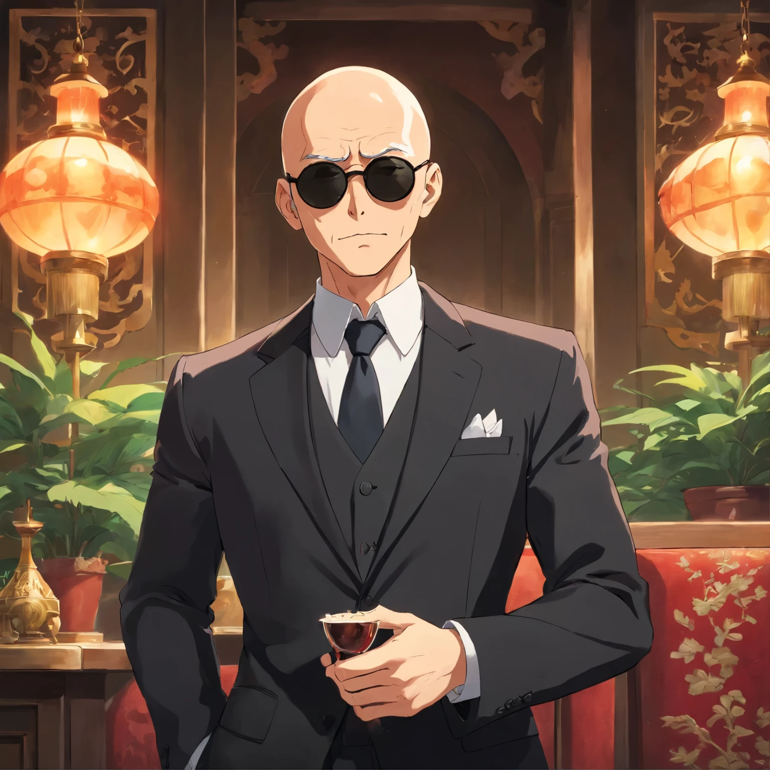 homem,Tall slim sexy bald homem in elegant black suit and black sunglasses
